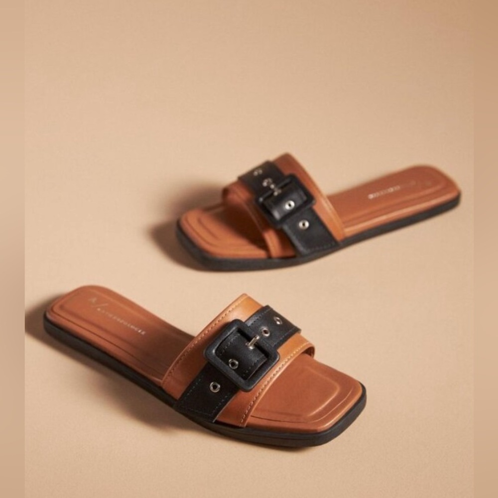 Anthropologie buckle square toe Brown and Black Slide Sandals 40 9 9.5